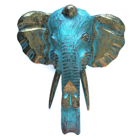 Cap elefant decor din lemn, turcoaz - auriu 30 cm