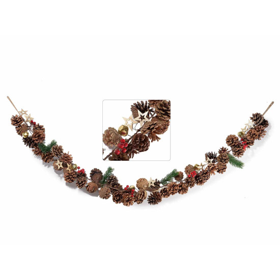 Ghirlandă cu conuri de pin, fructe de pădure, clopoței și stele, 135 cm