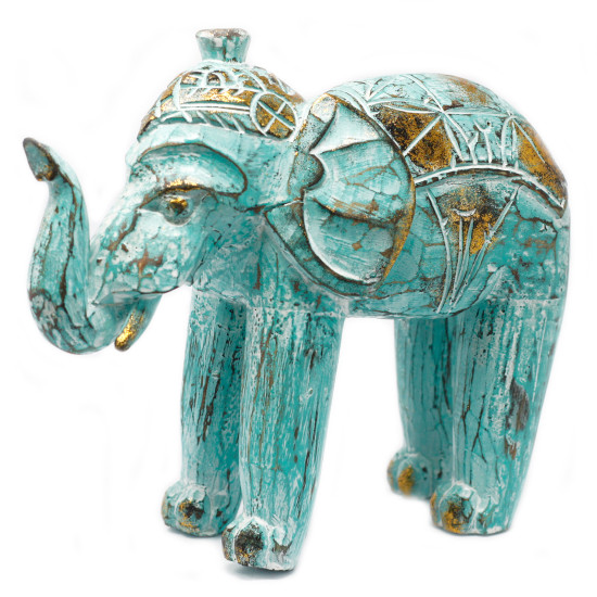 Elefant din lemn, turcoaz-auriu, 30 cm