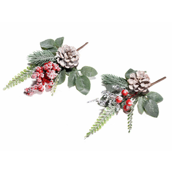 Decoratiune inzapezita brad Craciun cu fructe rosii si conuri de pin, 12 cm, 1 buc.