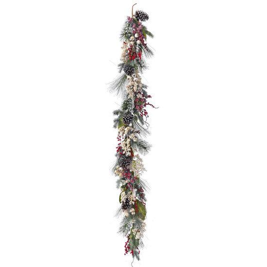 Ghirlanda cu conuri de pin si fructe de pădure rosii si crem, 180 cm