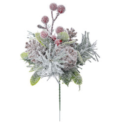 Decoratiune brad Craciun inzapezita cu fructe rosii si conuri de pin, 23 cm
