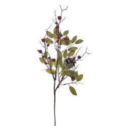 Decoratiune Craciun - crenguta cu fructe rosii si frunze, 66 cm