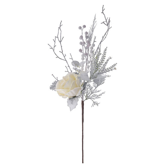 Decoratiune brad Craciun - ramura cu frunze si trandafir crem, 65 cm