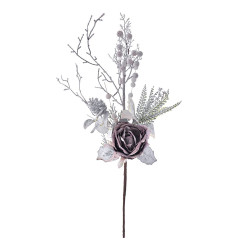 Decoratiune brad Craciun - ramura cu frunze si trandafir violet, 65 cm