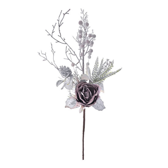 Decoratiune brad Craciun - ramura cu frunze si trandafir violet, 65 cm