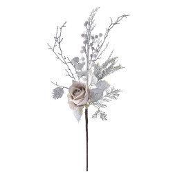 Decoratiune brad Craciun - ramura cu frunze si trandafir roz, 65 cm