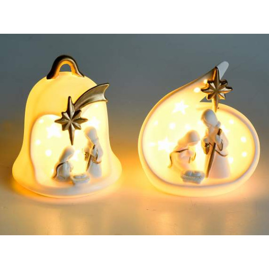 Scena Nasterii din ceramica alba cu lumini, 13 cm, 1 buc